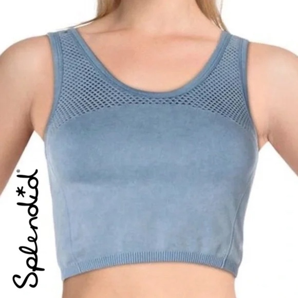 SPLENDID Blue Crop Top Fitness Activewear Yoga Mesh Venting Compression - Picture 11 of 13